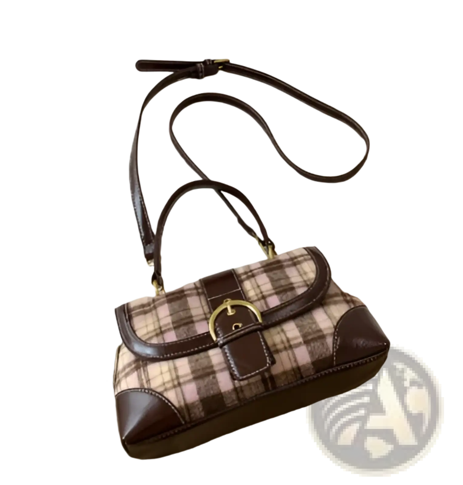 Vintage plaid crossbody bag in brown and beige with leather trim and gold-tone buckle detailing