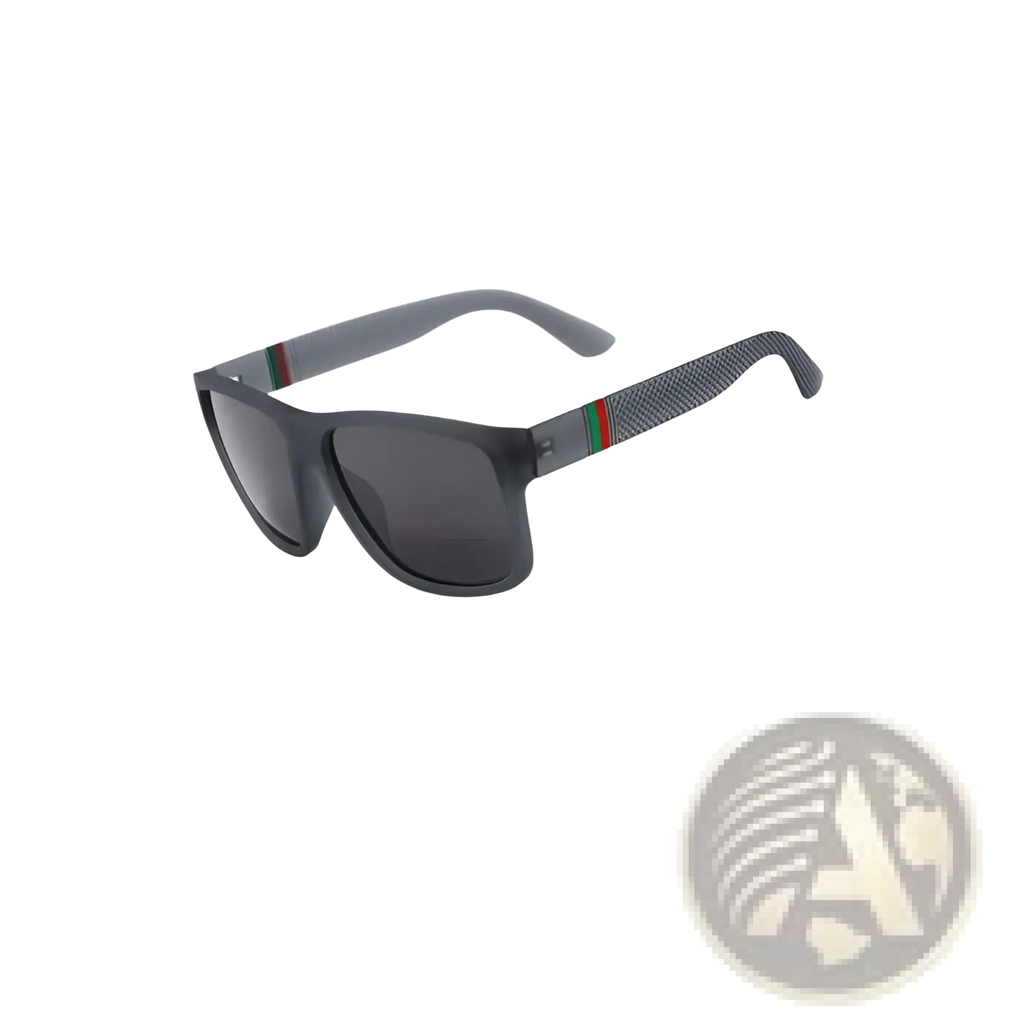 Vintage polarized square sunglasses with black frames gray textured temples and red green white stripe near the hinges