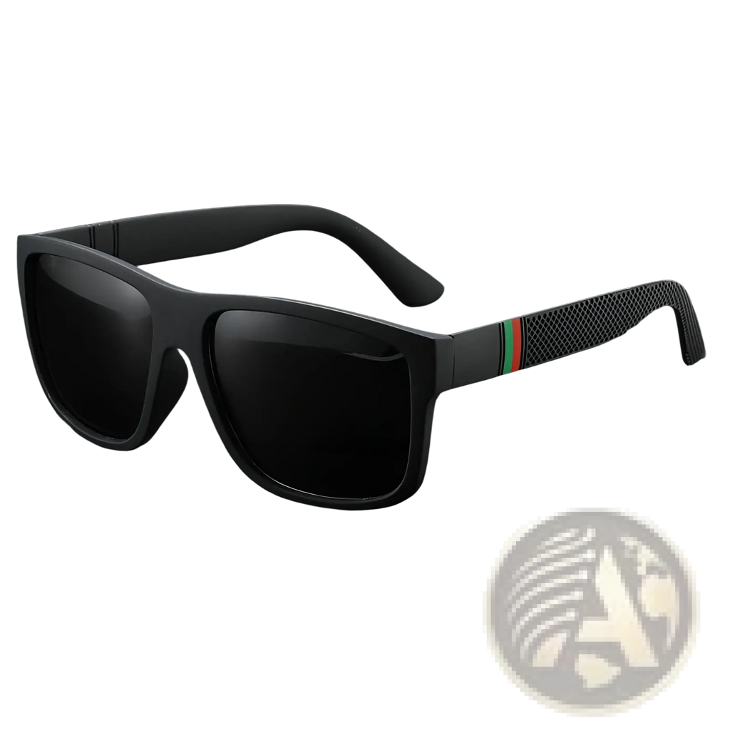 Vintage polarized square sunglasses with matte black frame, textured temples, and green red yellow stripe near hinge