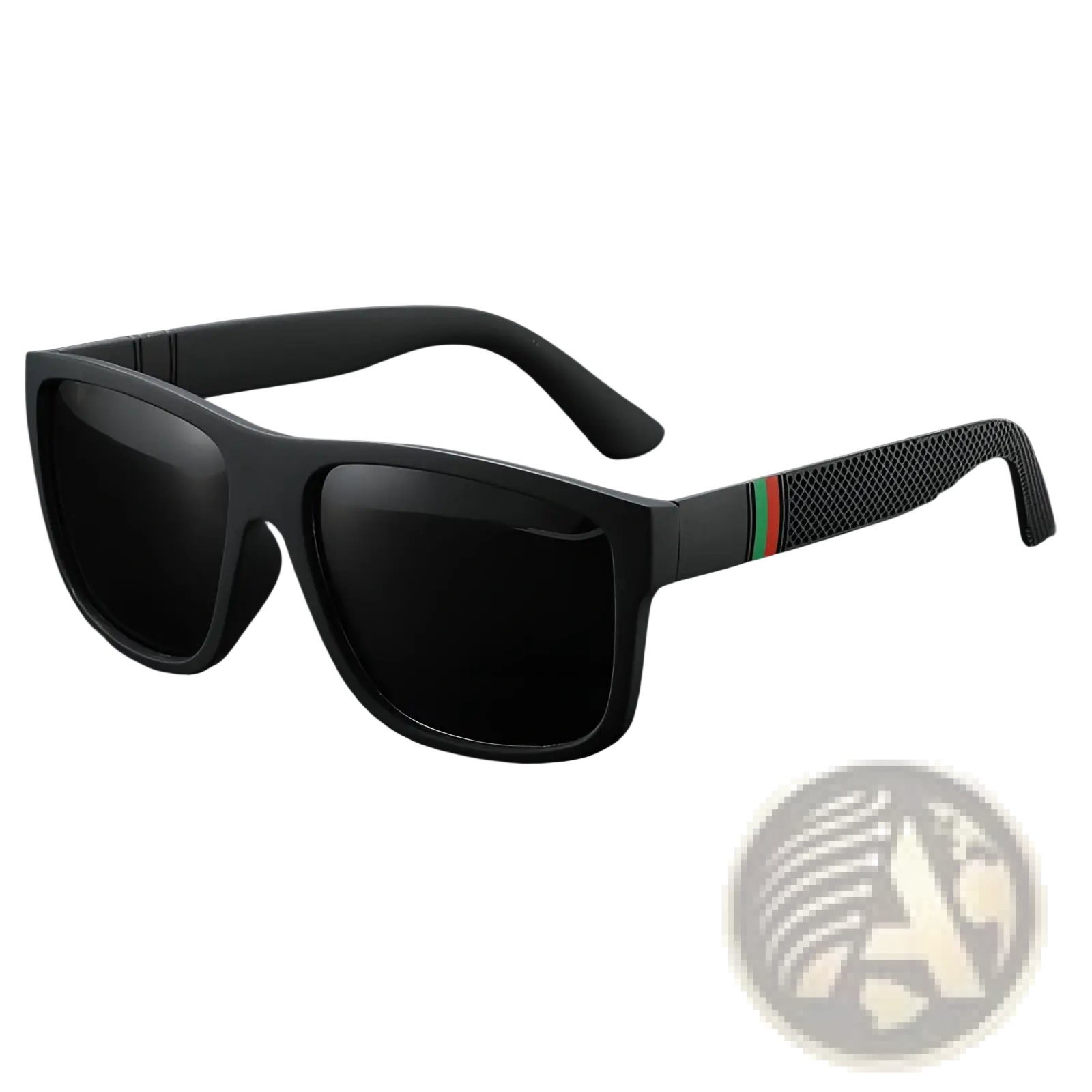 Vintage polarized square sunglasses with matte black frame, textured temples, and green red yellow stripe near hinge