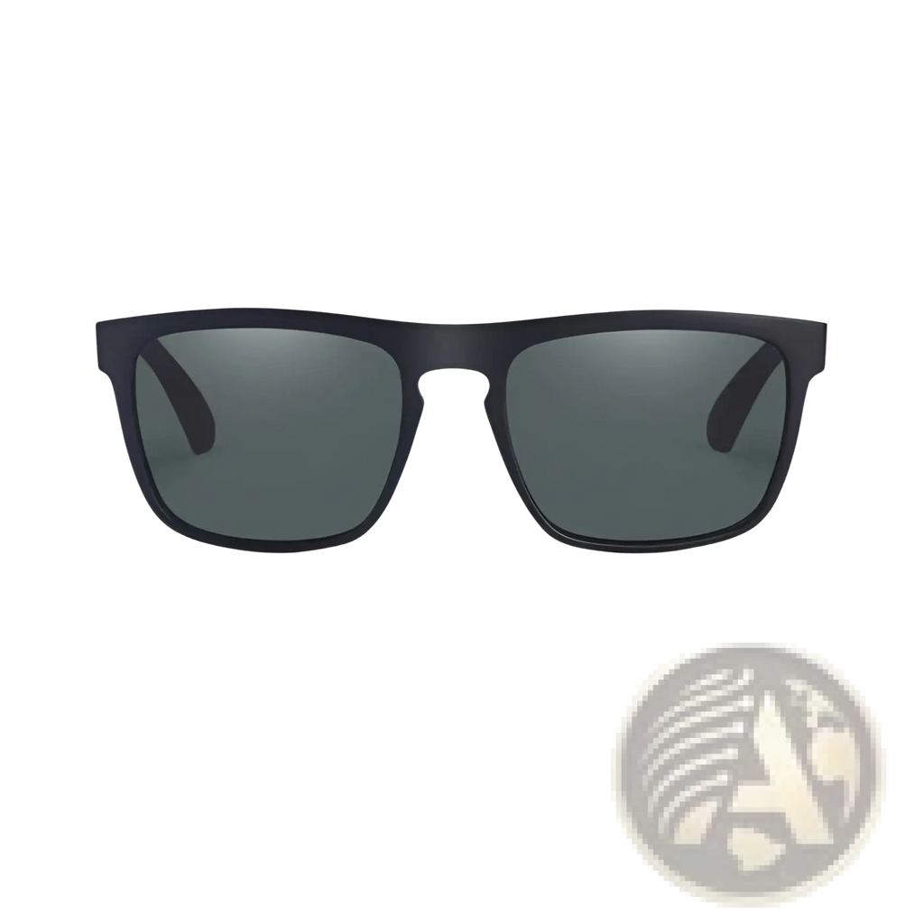 Black rectangular-framed vintage polarized square sunglasses with dark gray lenses and striped temples for sun protection