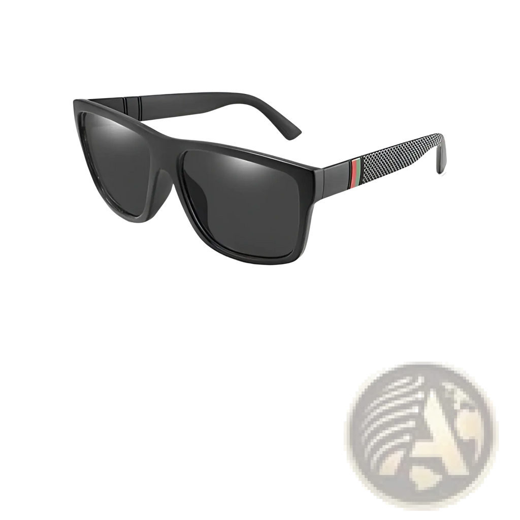 Vintage polarized square sunglasses with black frames dark gray lenses and textured temple arms with green red and white stripes
