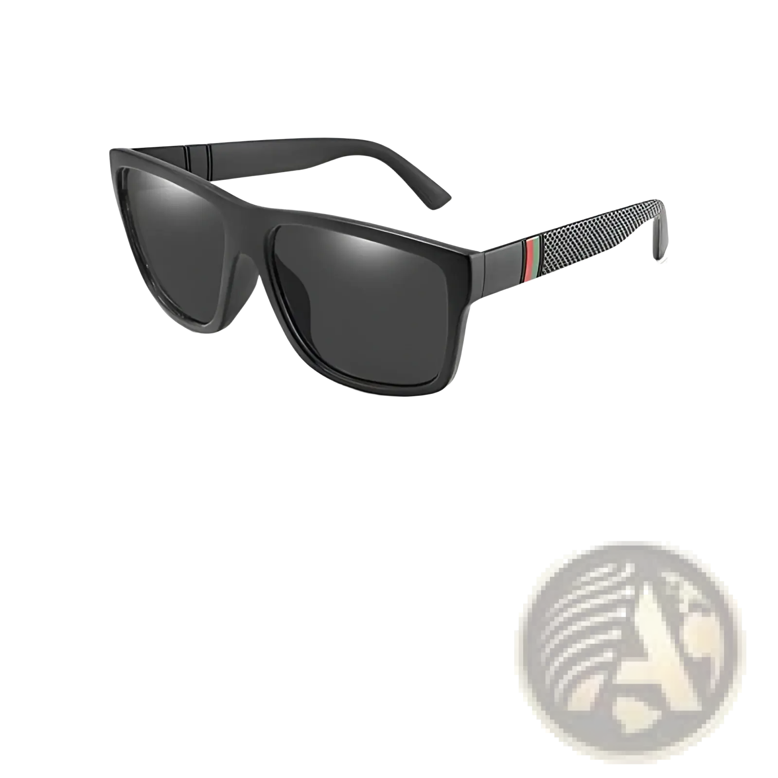 Vintage polarized square sunglasses with black frames dark gray lenses and textured temple arms with green red and white stripes