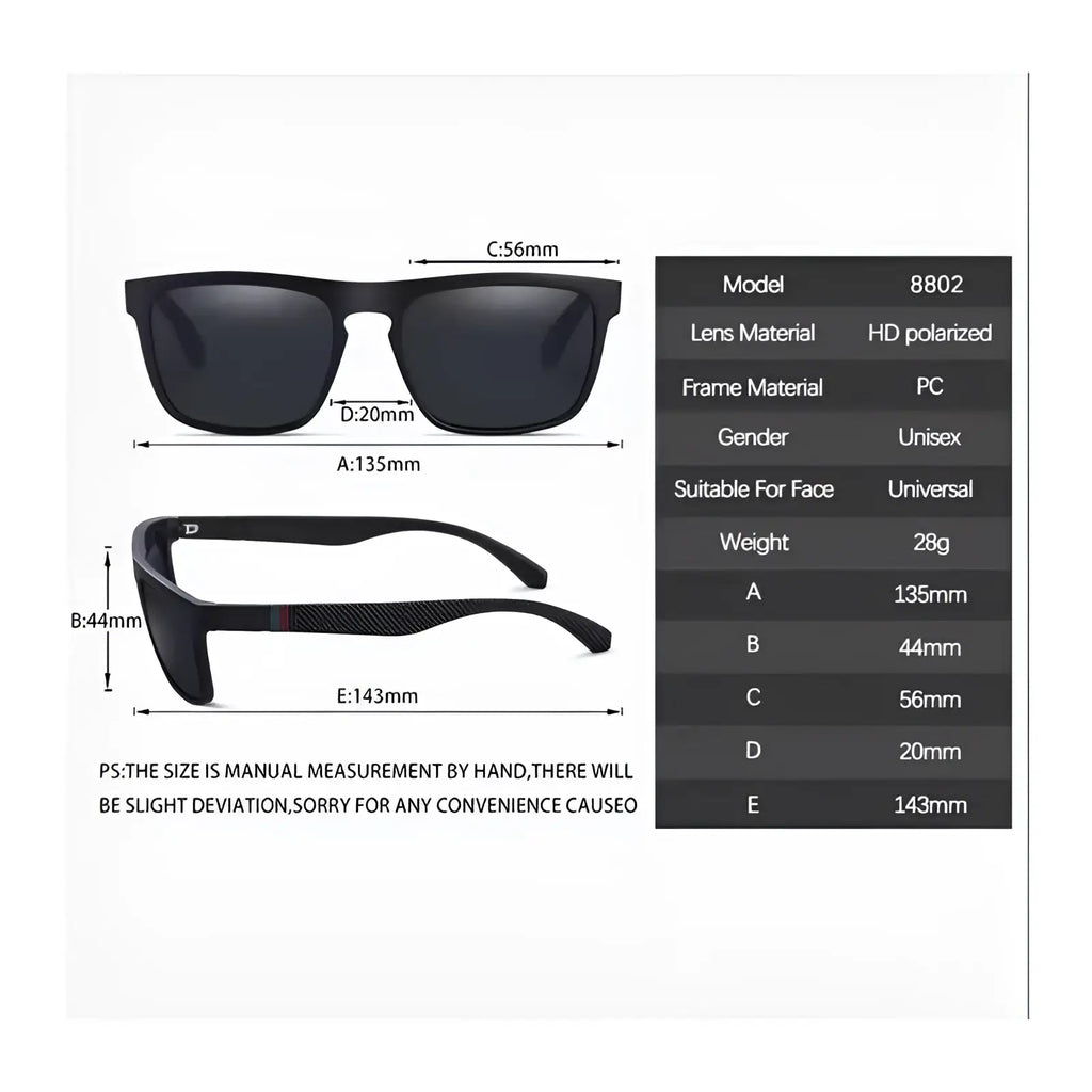 Vintage polarized square sunglasses with black pc frame hd polarized lenses and red green striped temples