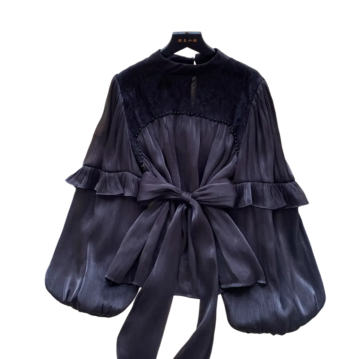Black vintage puff sleeve blouse with velvet collar sheer sleeves ruffled cuffs and matching front bow for y2k streetwear