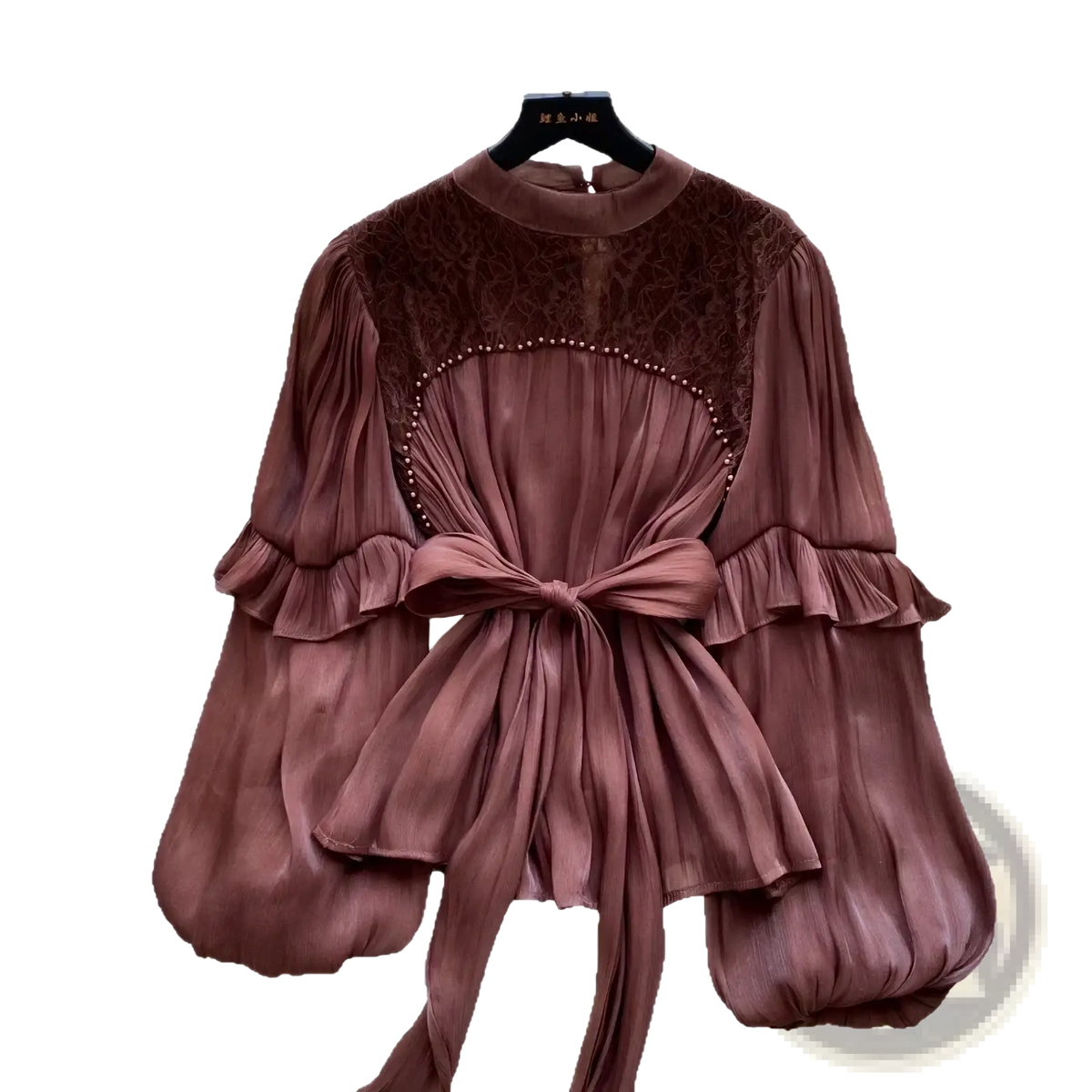 A mauve vintage puff sleeve blouse with lace bodice ruffled sleeves and tied waistband for y2k streetwear