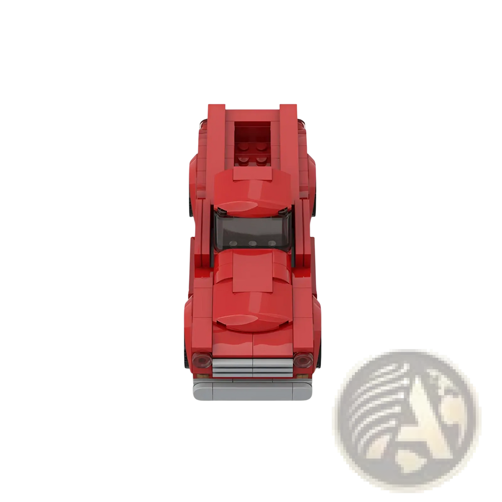 Red lego brick-built classic muscle car with black windshield and silver grille from vintage red pickup truck toy set