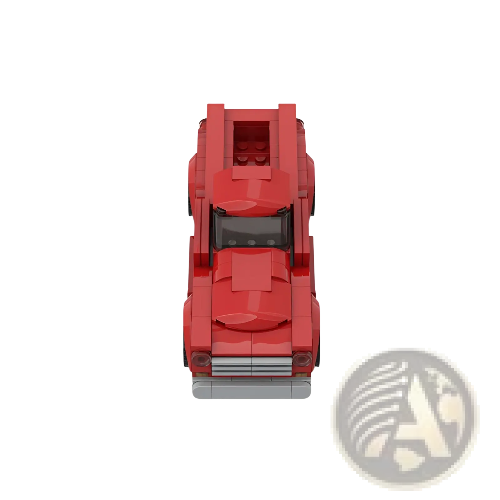 Red lego brick-built classic muscle car with black windshield and silver grille from vintage red pickup truck toy set