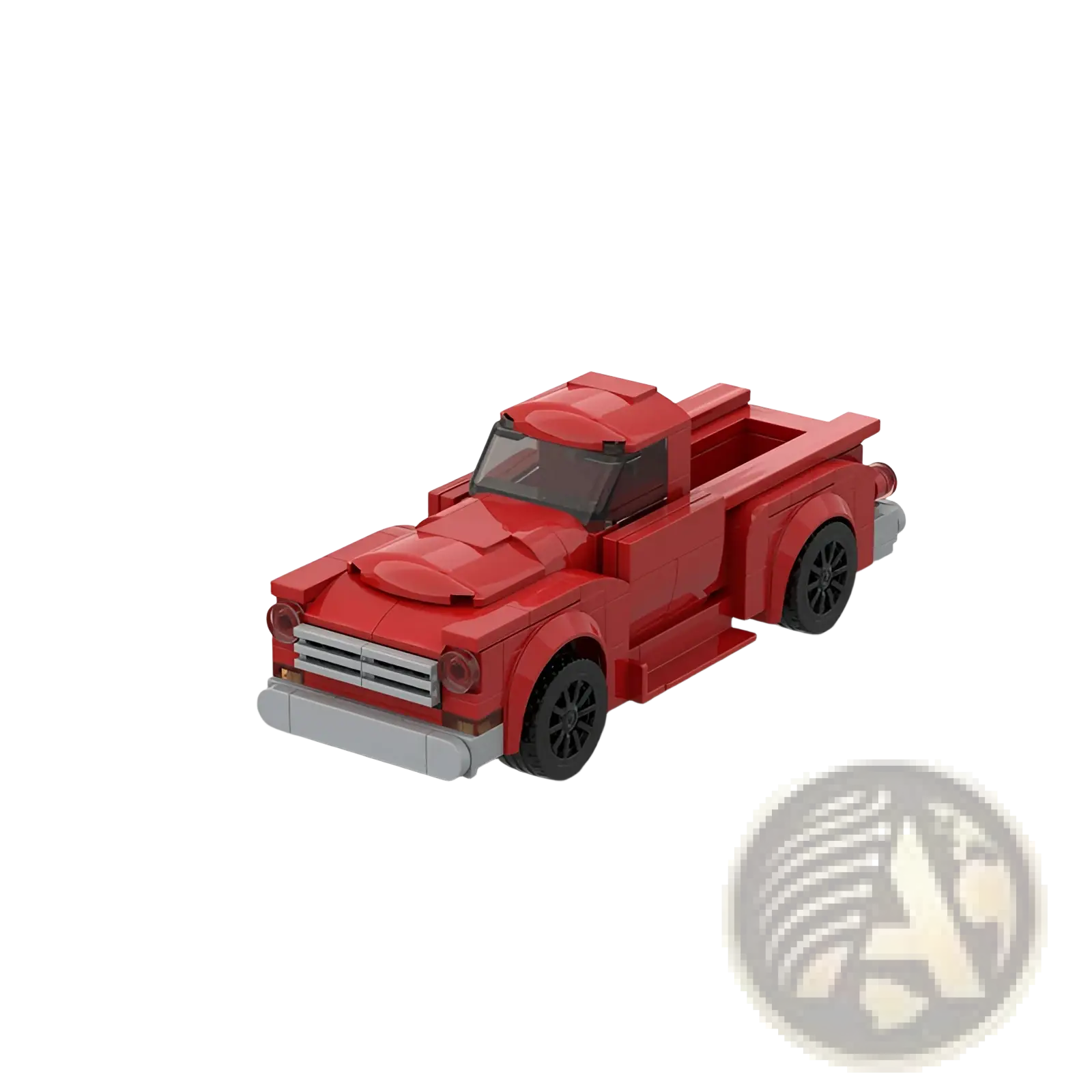 Vintage red pickup truck building block toy set featuring a classic design with black wheels and detailed construction