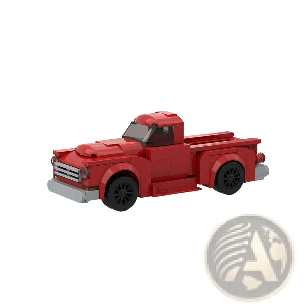 Red vintage-style pickup truck building block toy set constructed from interlocking plastic bricks displayed from the back