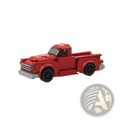 Red vintage-style pickup truck building block toy set constructed from interlocking plastic bricks displayed from the back