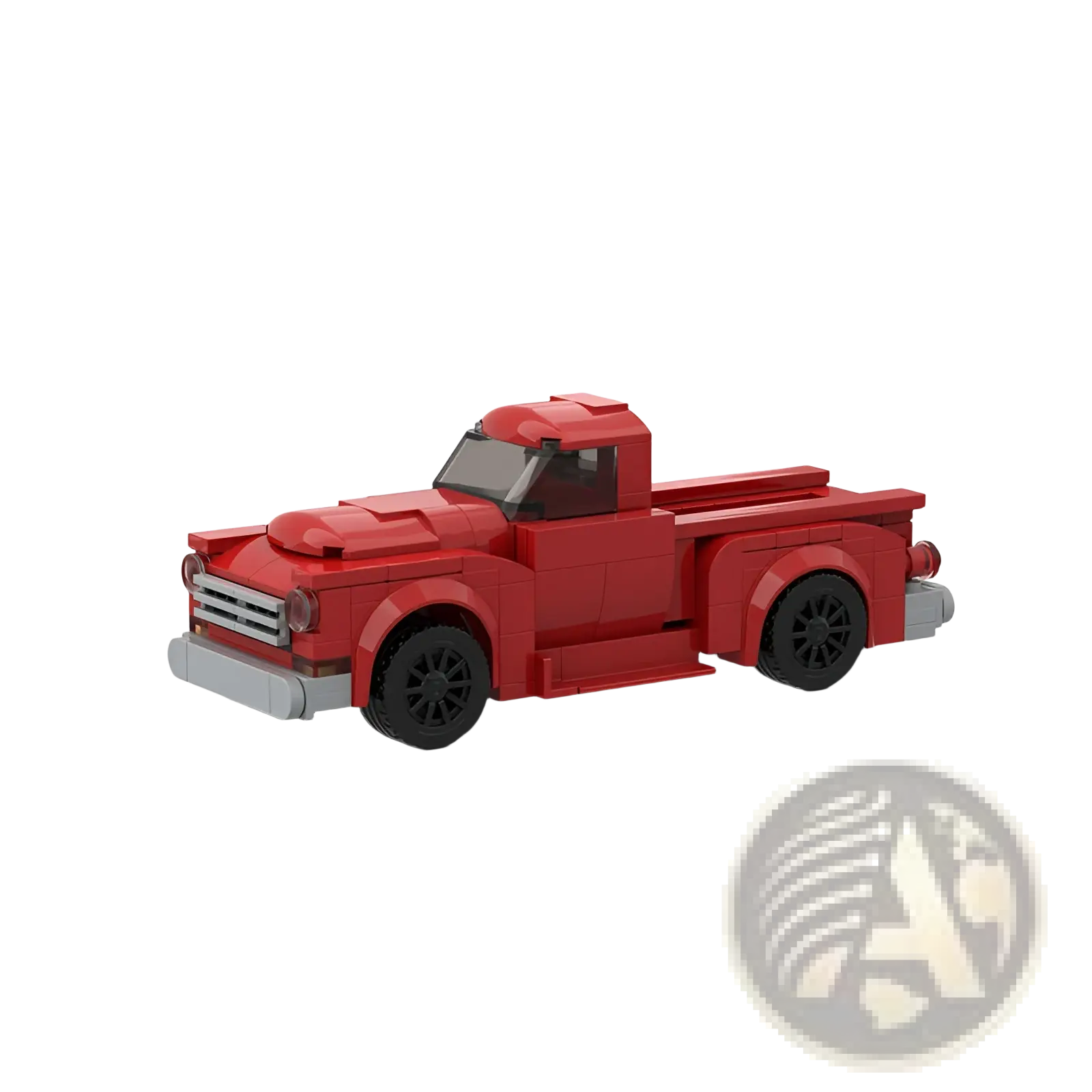 Red vintage-style pickup truck building block toy set constructed from interlocking plastic bricks displayed from the back