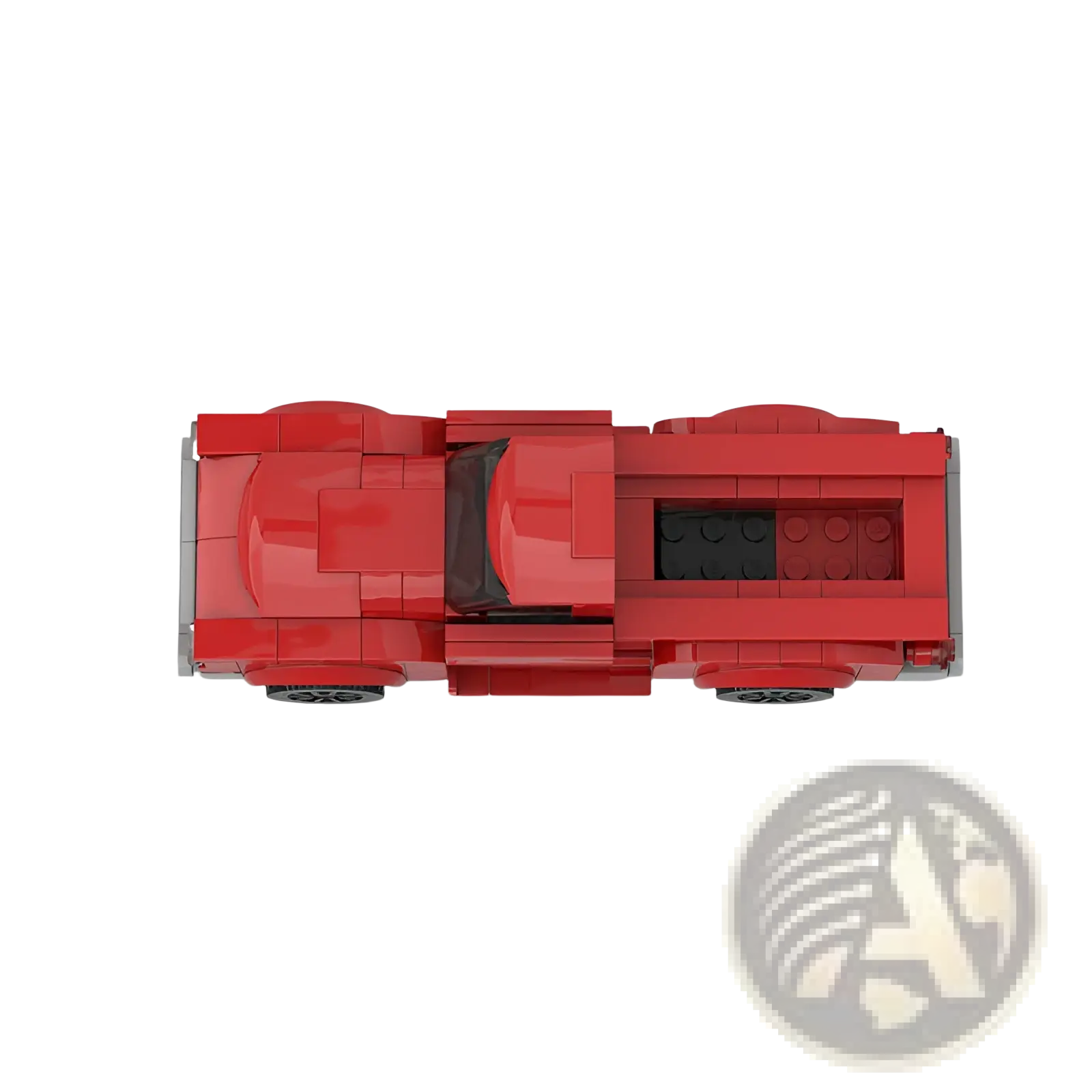 Vintage red pickup truck building block toy set with black interior and detailed cargo bed shown from the backside