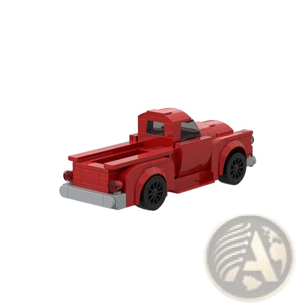 Vintage red pickup truck building block toy set featuring a red lego truck with black wheels and gray bumper