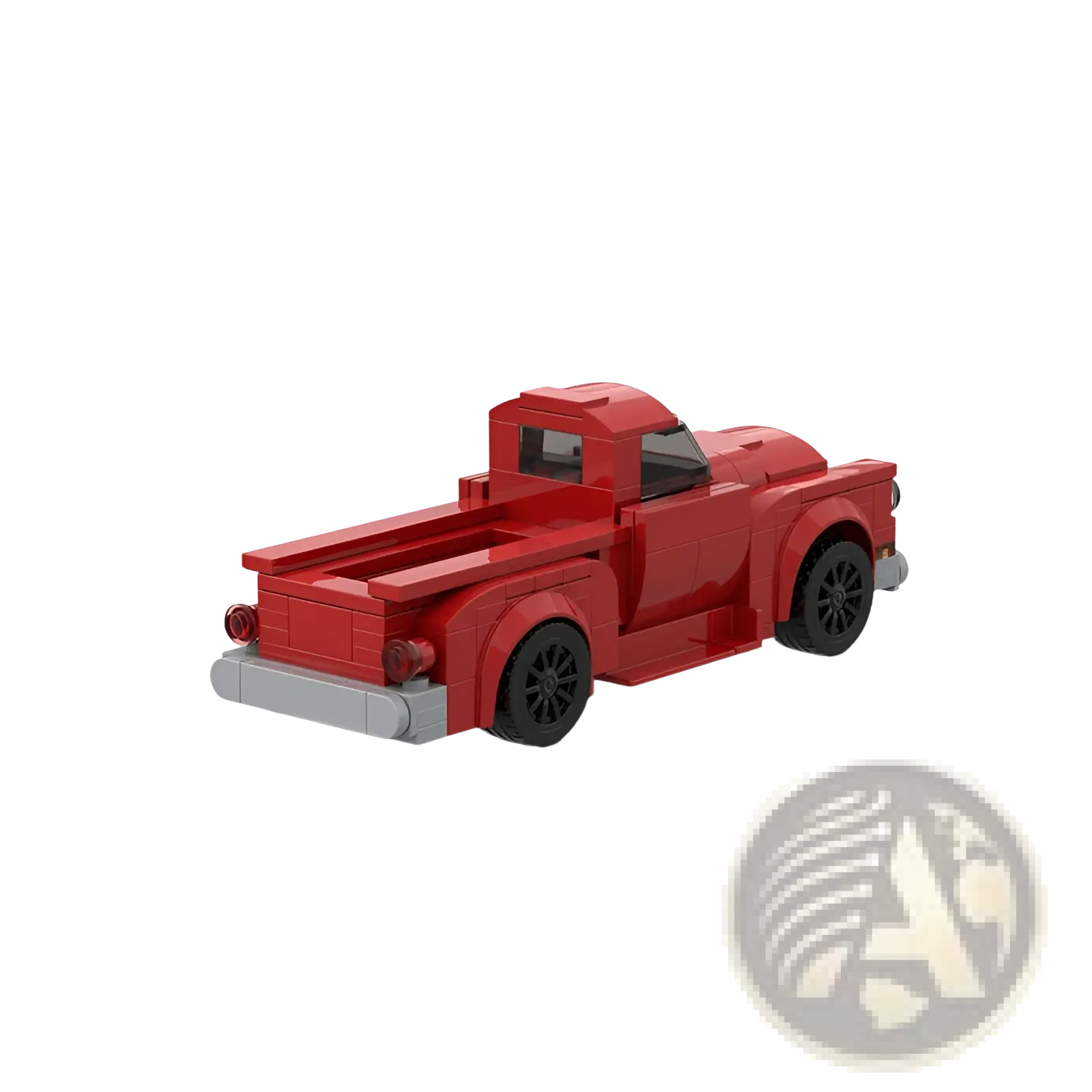 Vintage red pickup truck building block toy set featuring a red lego truck with black wheels and gray bumper