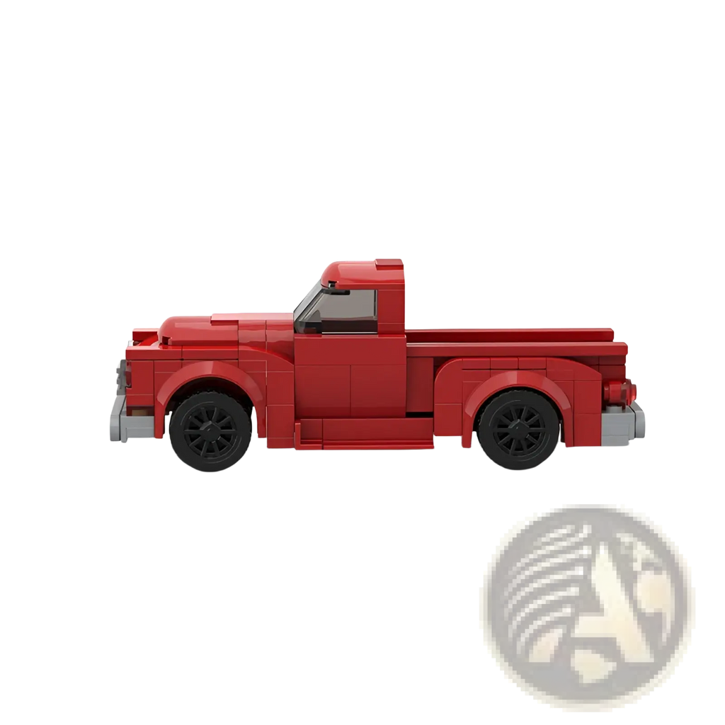 Vintage red pickup truck building block toy set with black wheels and gray accents showing the back side