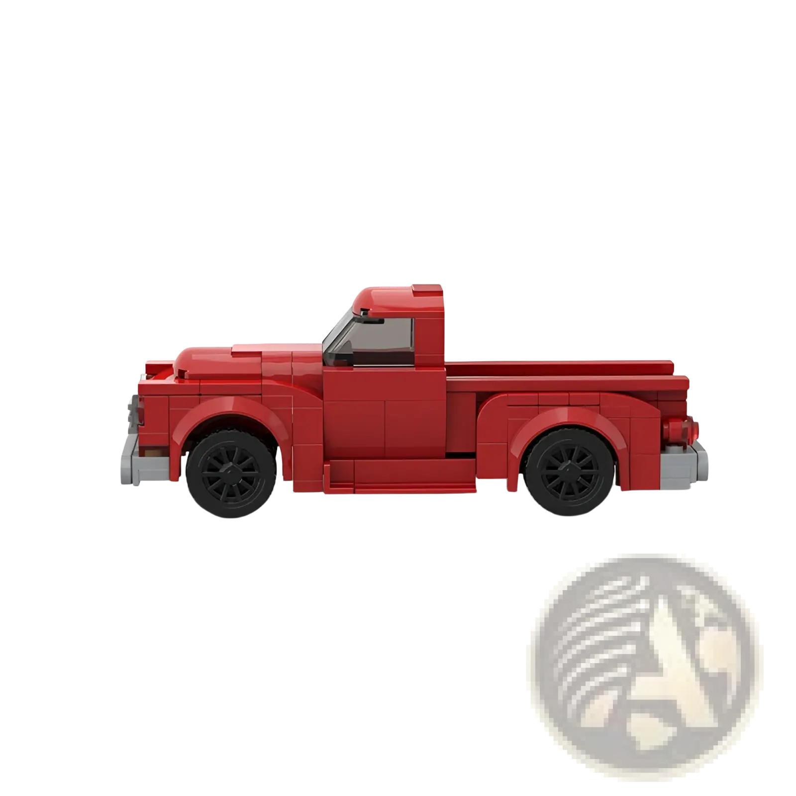Vintage red pickup truck building block toy set with black wheels and gray accents showing the back side