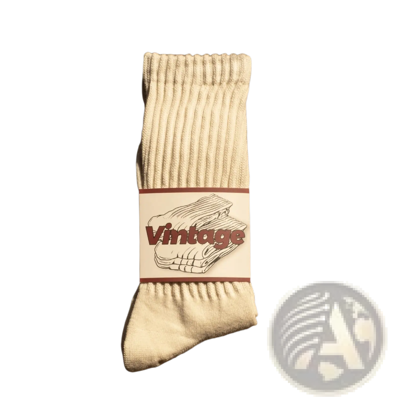 Cream-colored vintage ribbed cotton long socks for men with a white label featuring maroon lettering and folded socks illustration