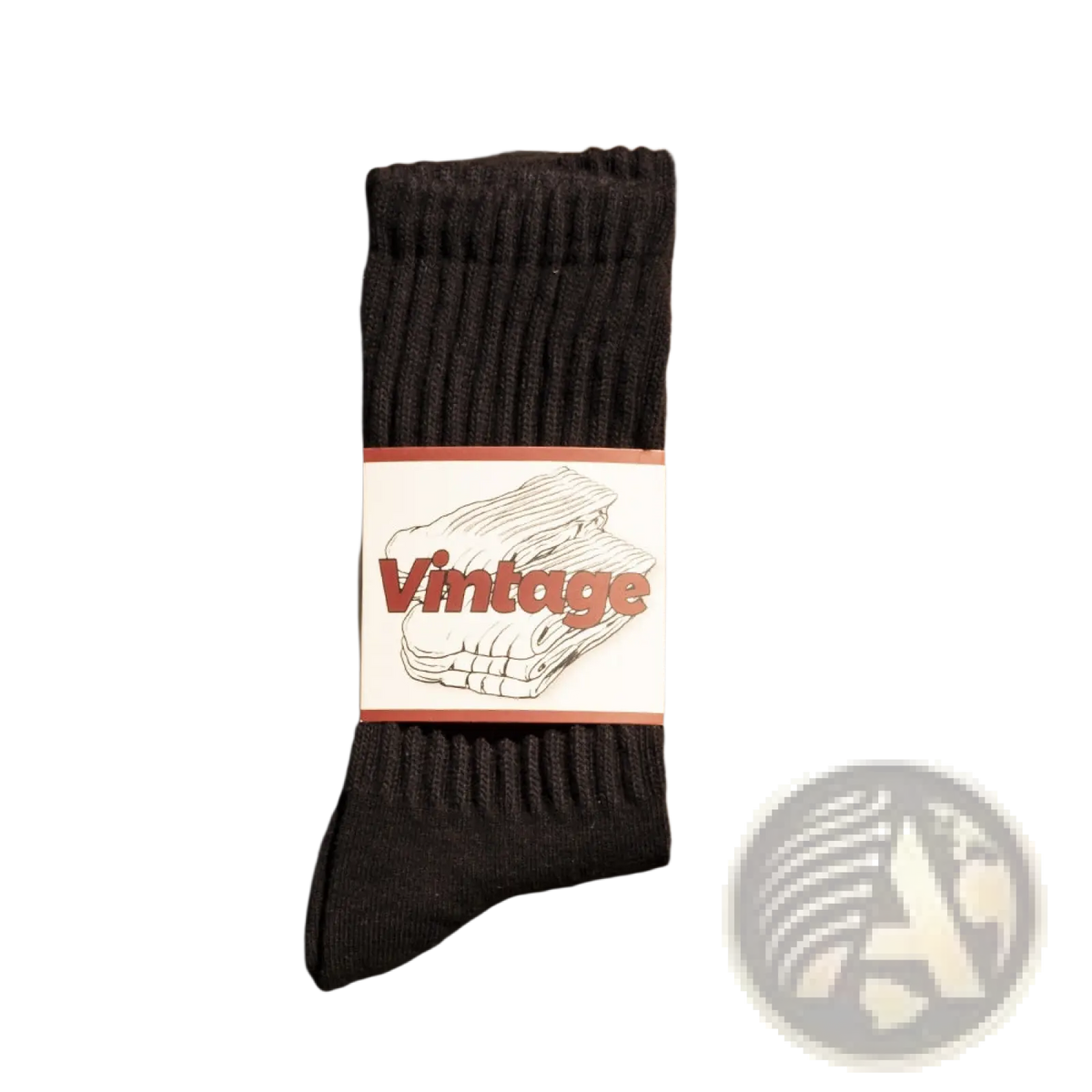 Black ribbed knit vintage label cotton long socks for men with folded socks illustration on packaging
