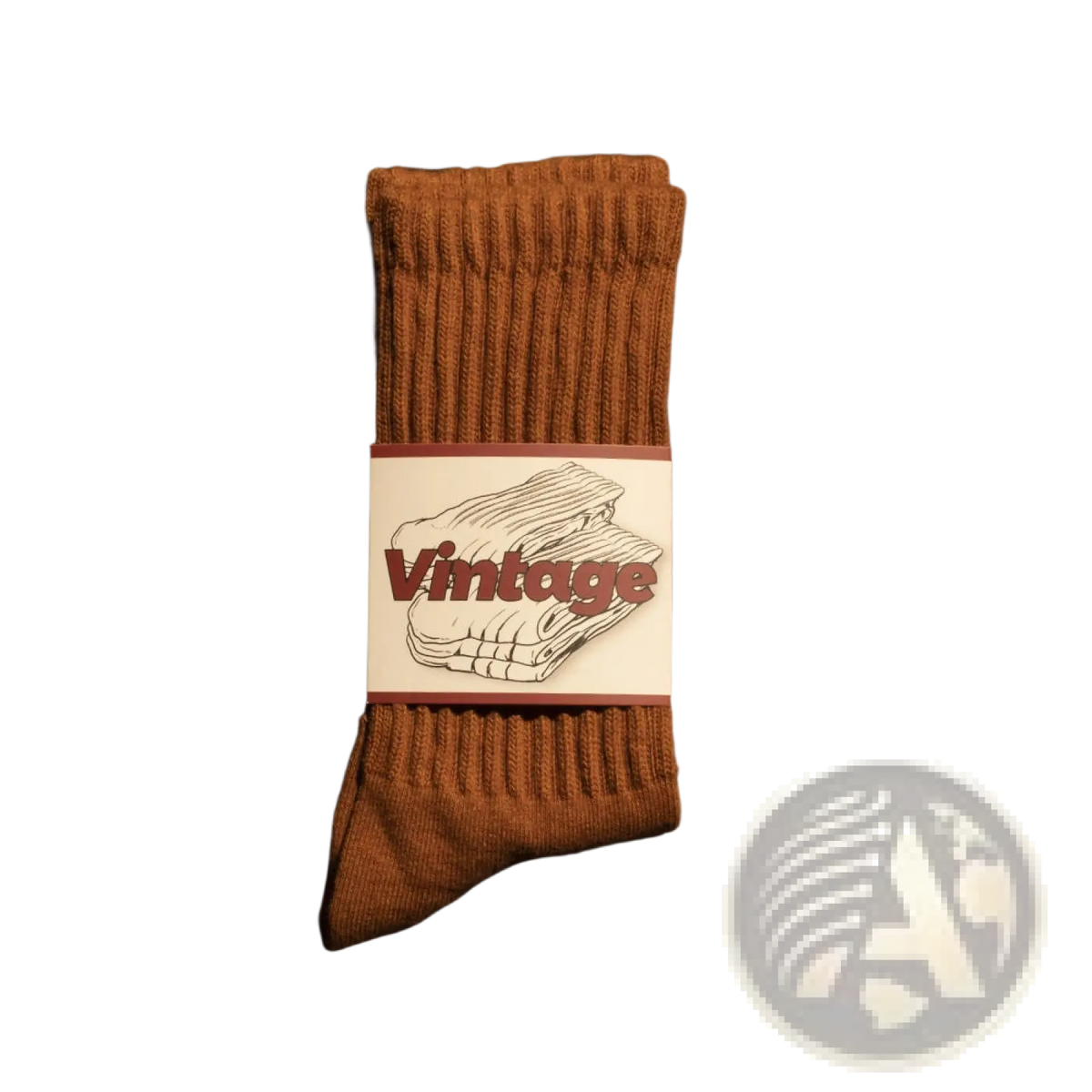 A pair of rust-colored vintage ribbed cotton long socks for men with a white label and folded socks illustration