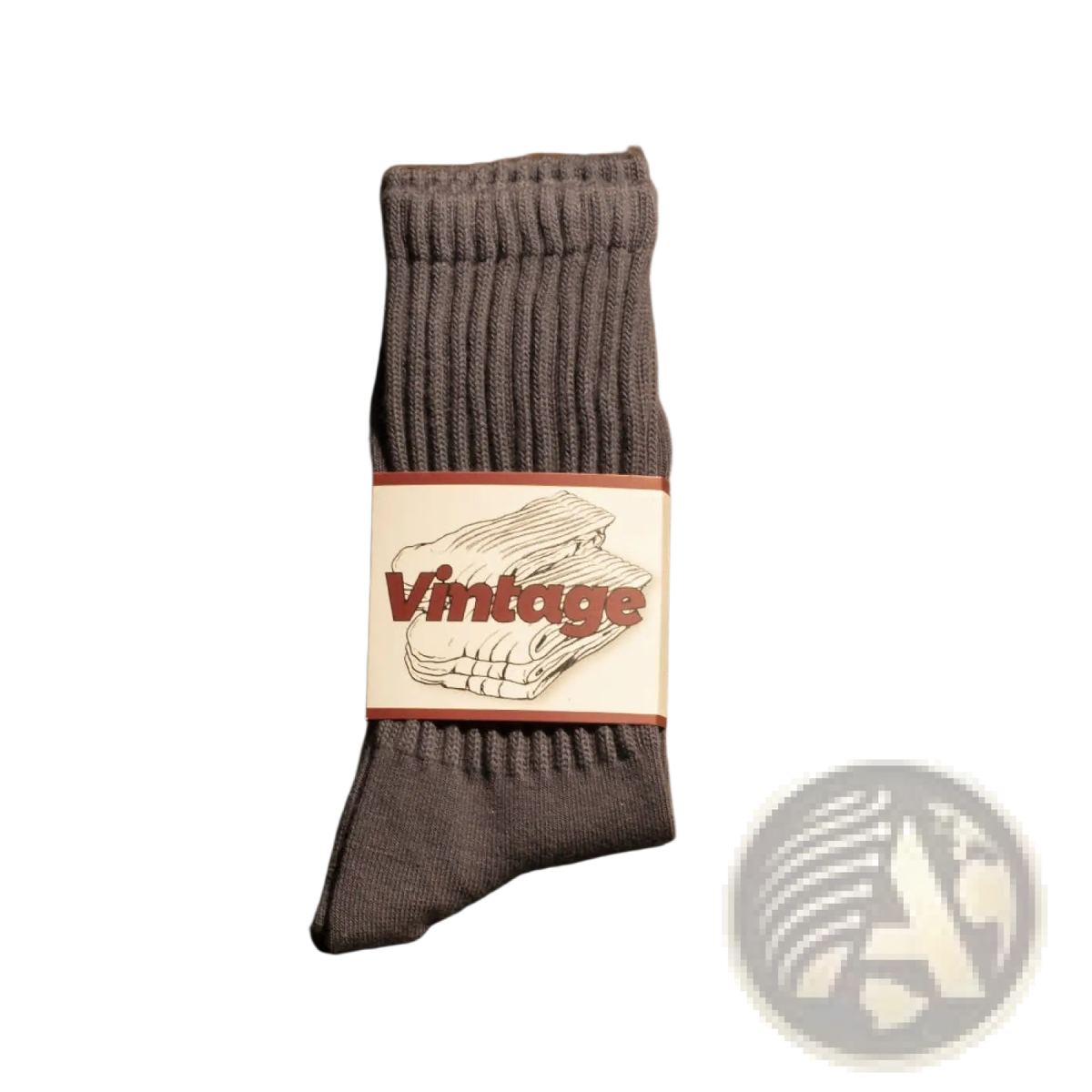A pair of dark gray vintage ribbed cotton long socks for men with a vintage-style label packaging