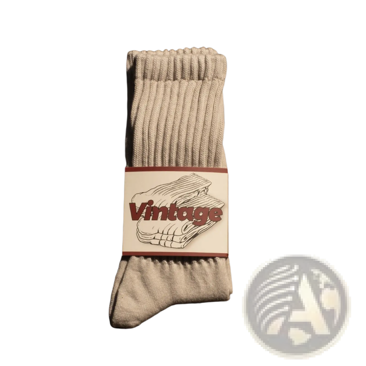 Beige ribbed cotton long socks for men packaged with a vintage label highlighting their classic design