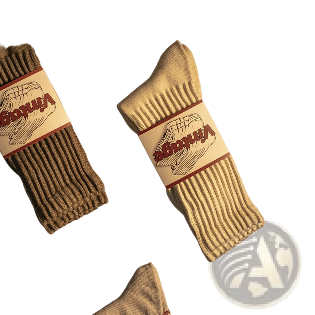 Beige vintage ribbed cotton long socks for men featuring a classic label design and comfortable knit texture