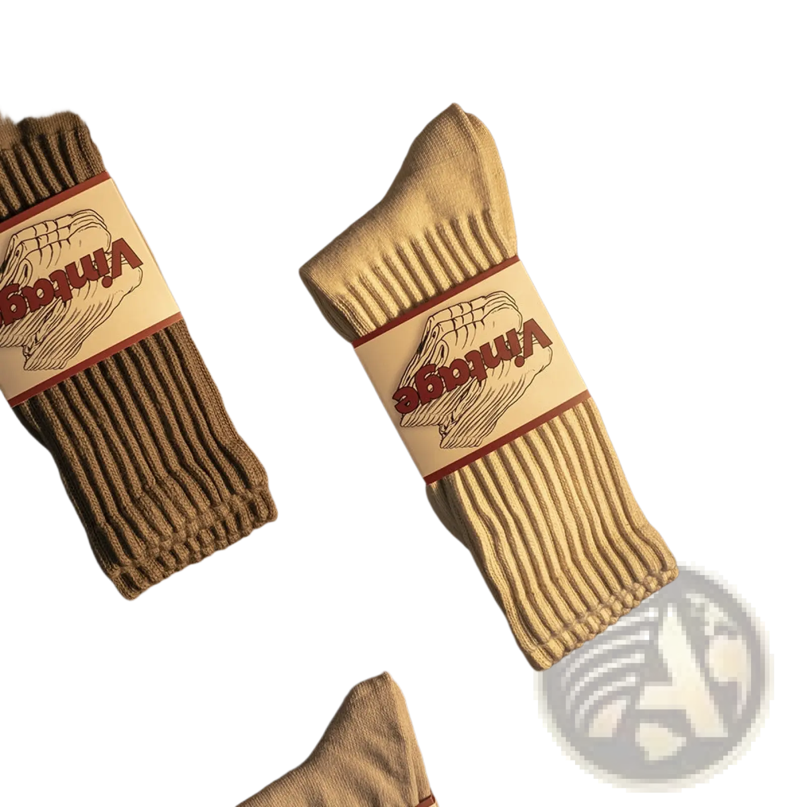 Beige vintage ribbed cotton long socks for men featuring a classic label design and comfortable knit texture