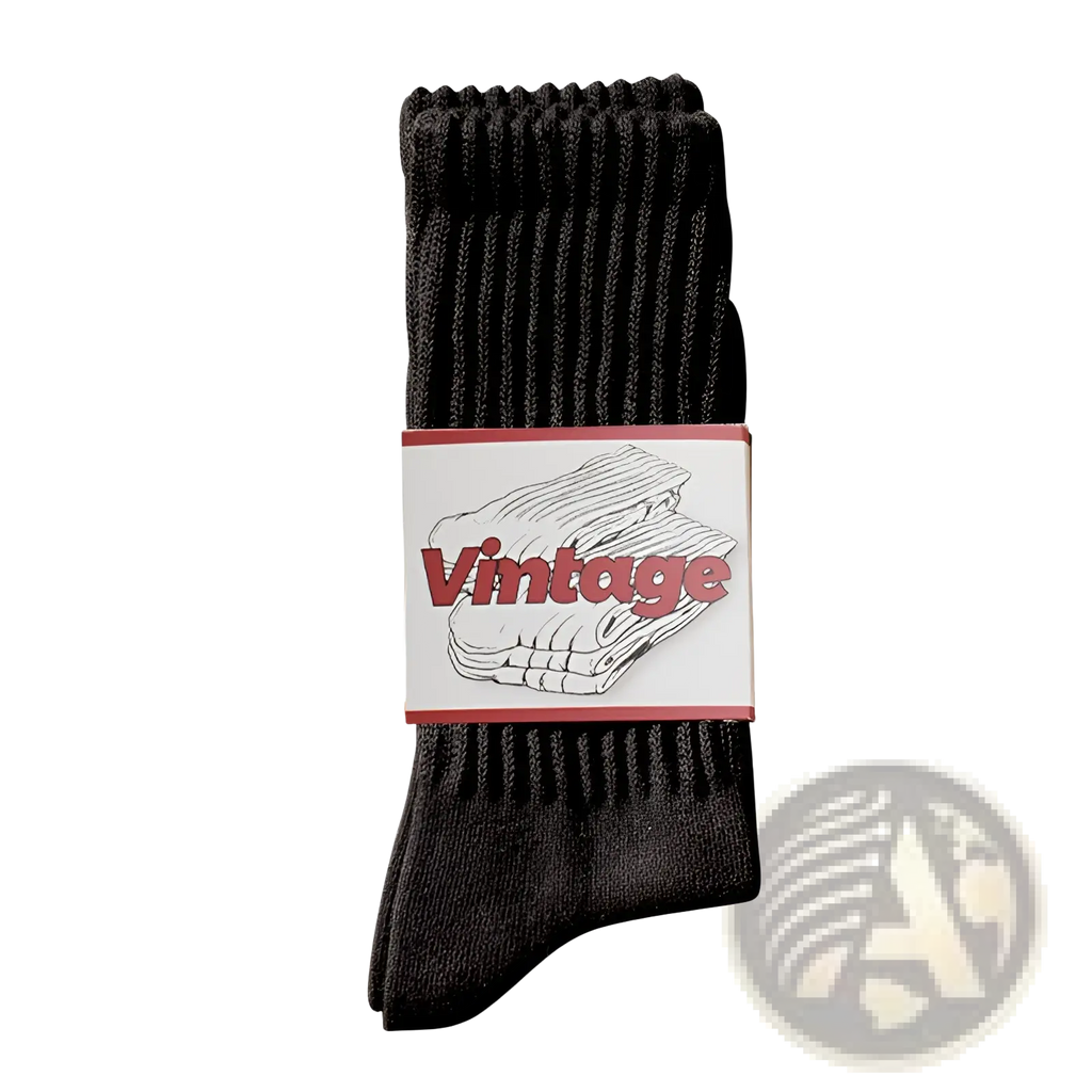 Black ribbed cotton long socks for men packaged with a vintage-style label highlighting their classic design