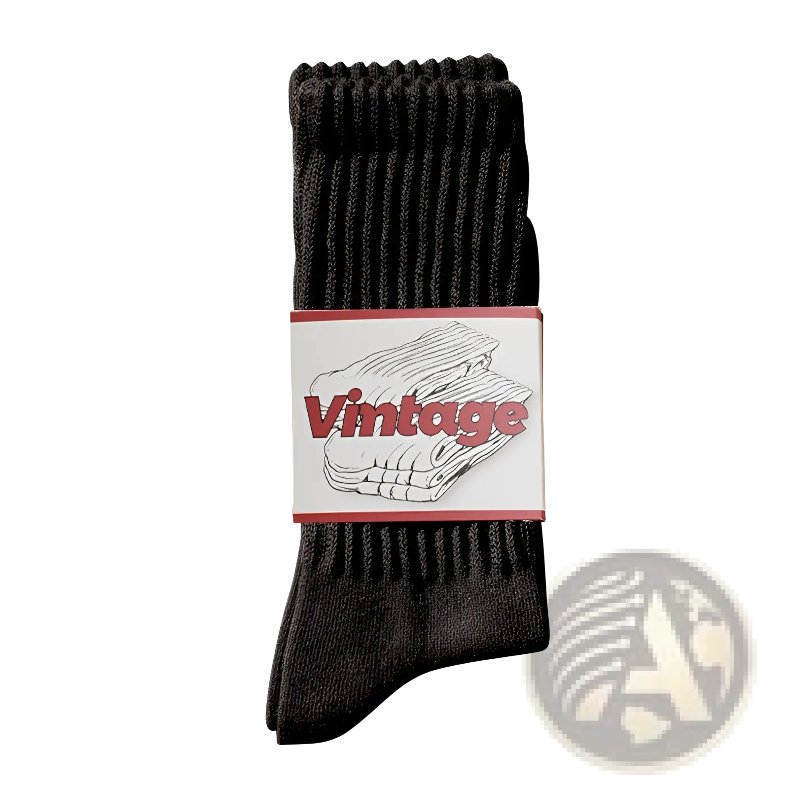 Black ribbed cotton long socks for men packaged with a vintage-style label highlighting their classic design