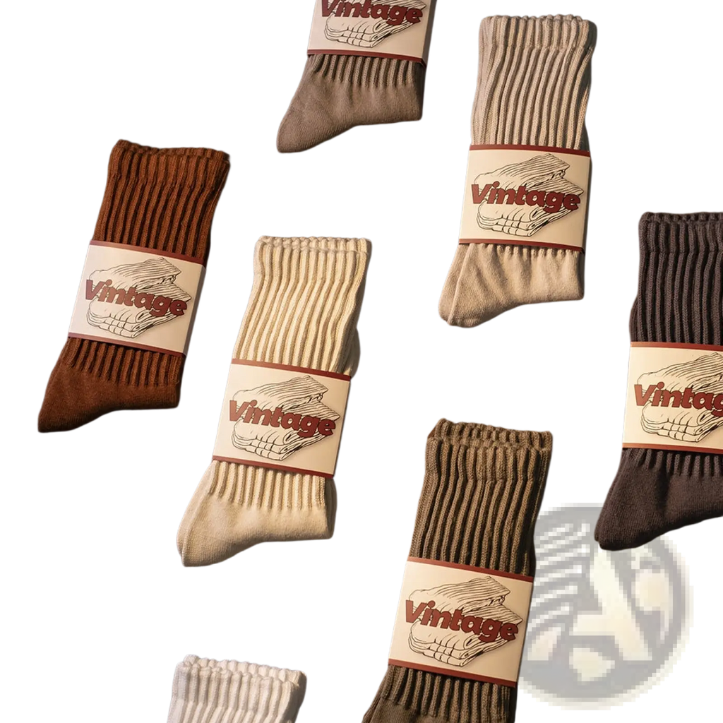 A collection of vintage ribbed cotton long socks for men in earthy beige brown and gray tones