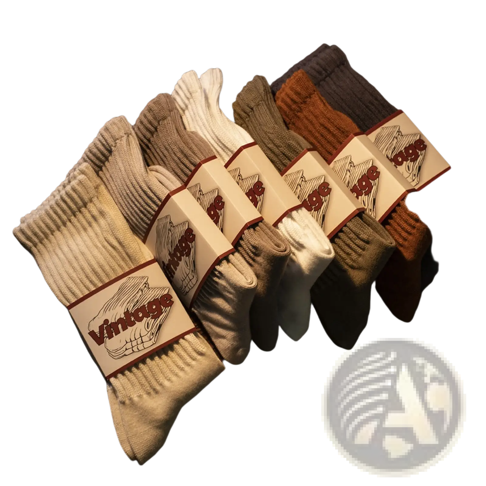 A set of six vintage ribbed cotton long socks for men in beige white olive green and brown with vintage labels