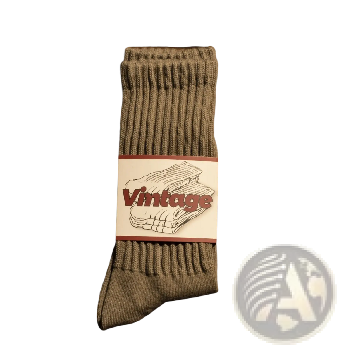 A pair of olive green vintage ribbed cotton long socks for men with a white and red label on the cuff