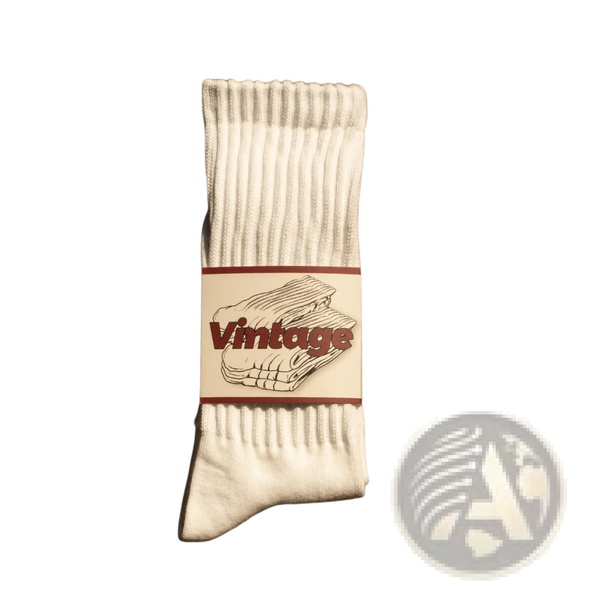 A pair of off-white vintage ribbed cotton long socks for men with a vintage-style label wrapped around the middle