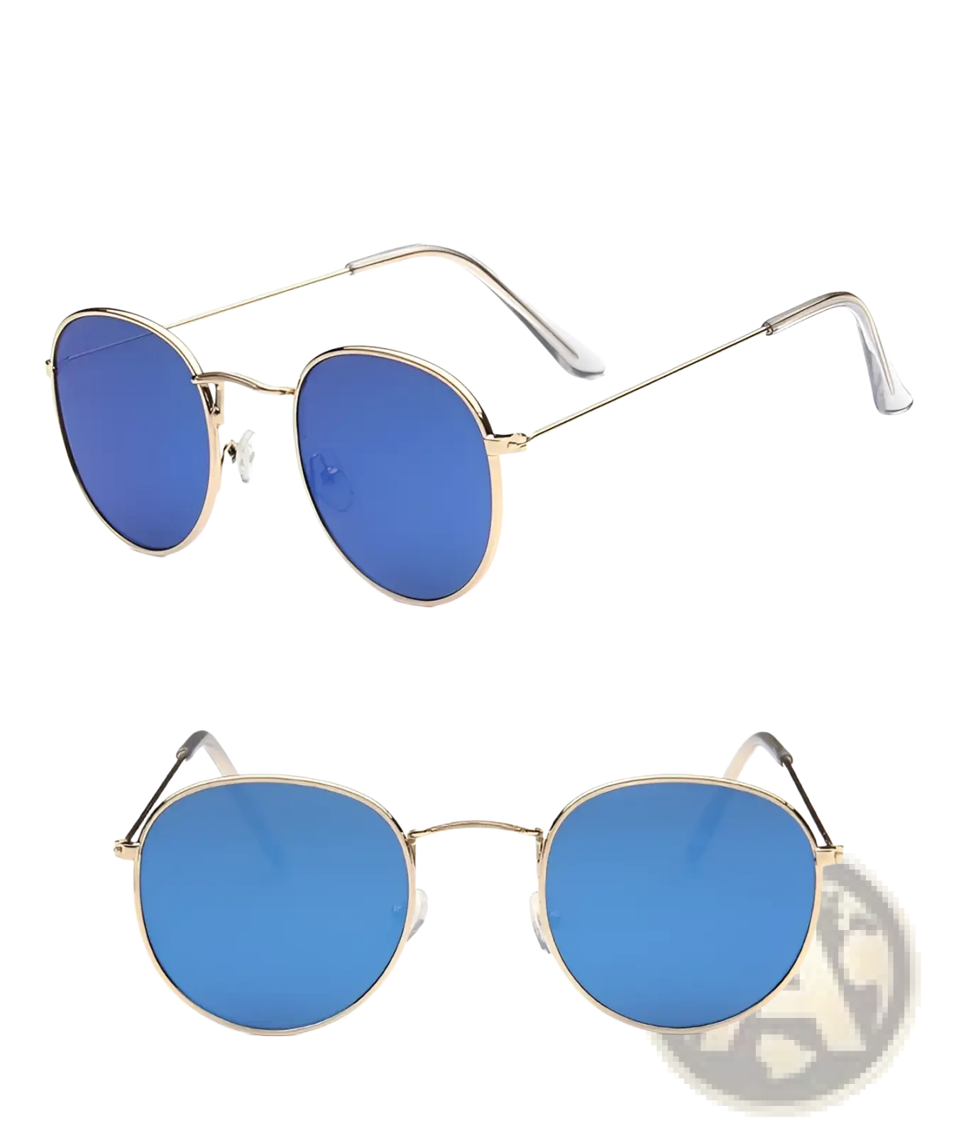 Gold-toned vintage round metallic sunglasses with vibrant blue mirrored lenses for stylish sun protection