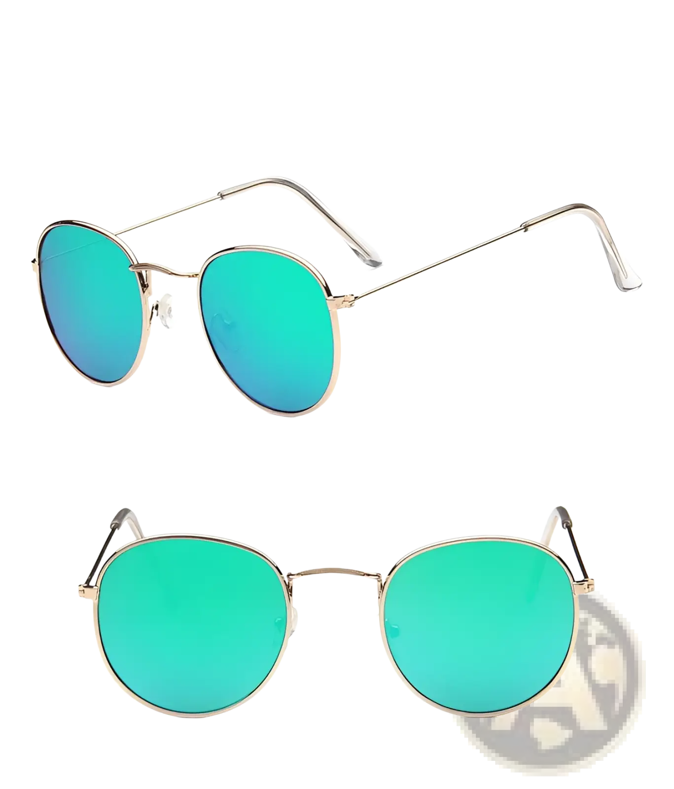 Vintage round sunglasses with reflective teal mirror lenses and thin metallic frames for stylish sun protection