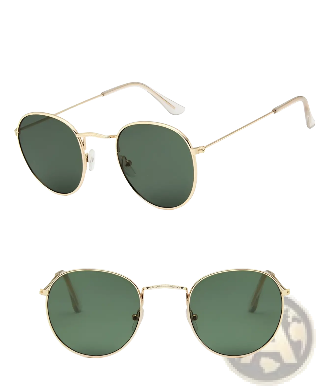 Gold-toned vintage round metallic sunglasses with dark green mirror lenses for stylish sun protection