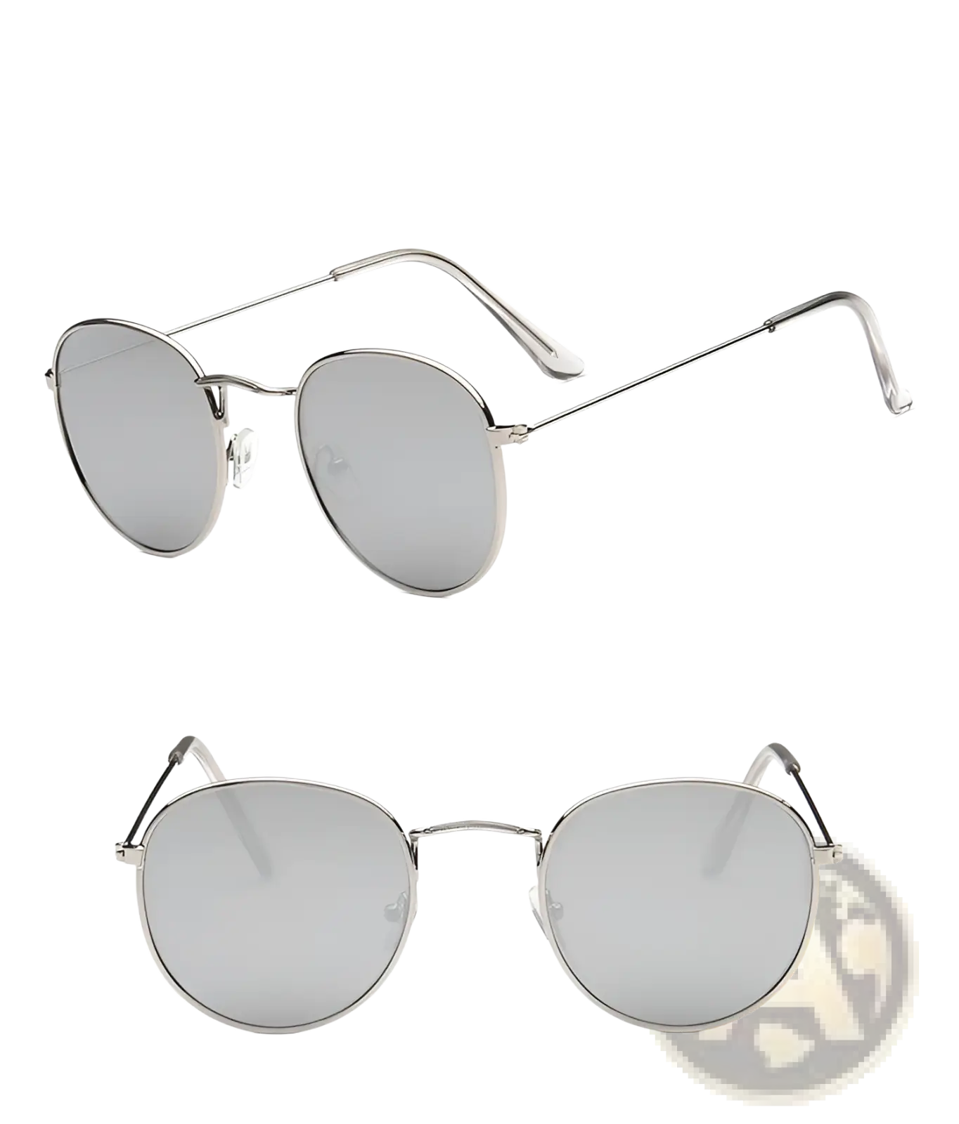 Silver vintage round metallic sunglasses with mirrored lenses and round frames for stylish eye protection