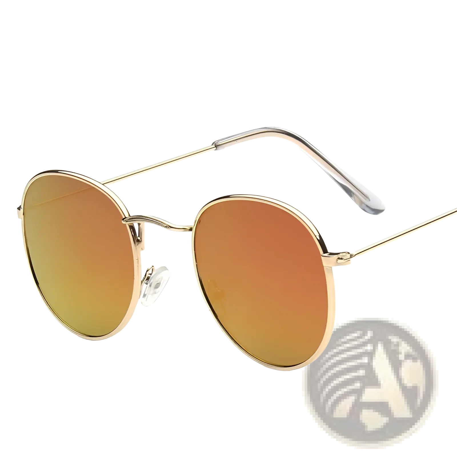 Vintage round metallic mirror lens sunglasses with gold-toned frame and gradient orange yellow mirrored lenses