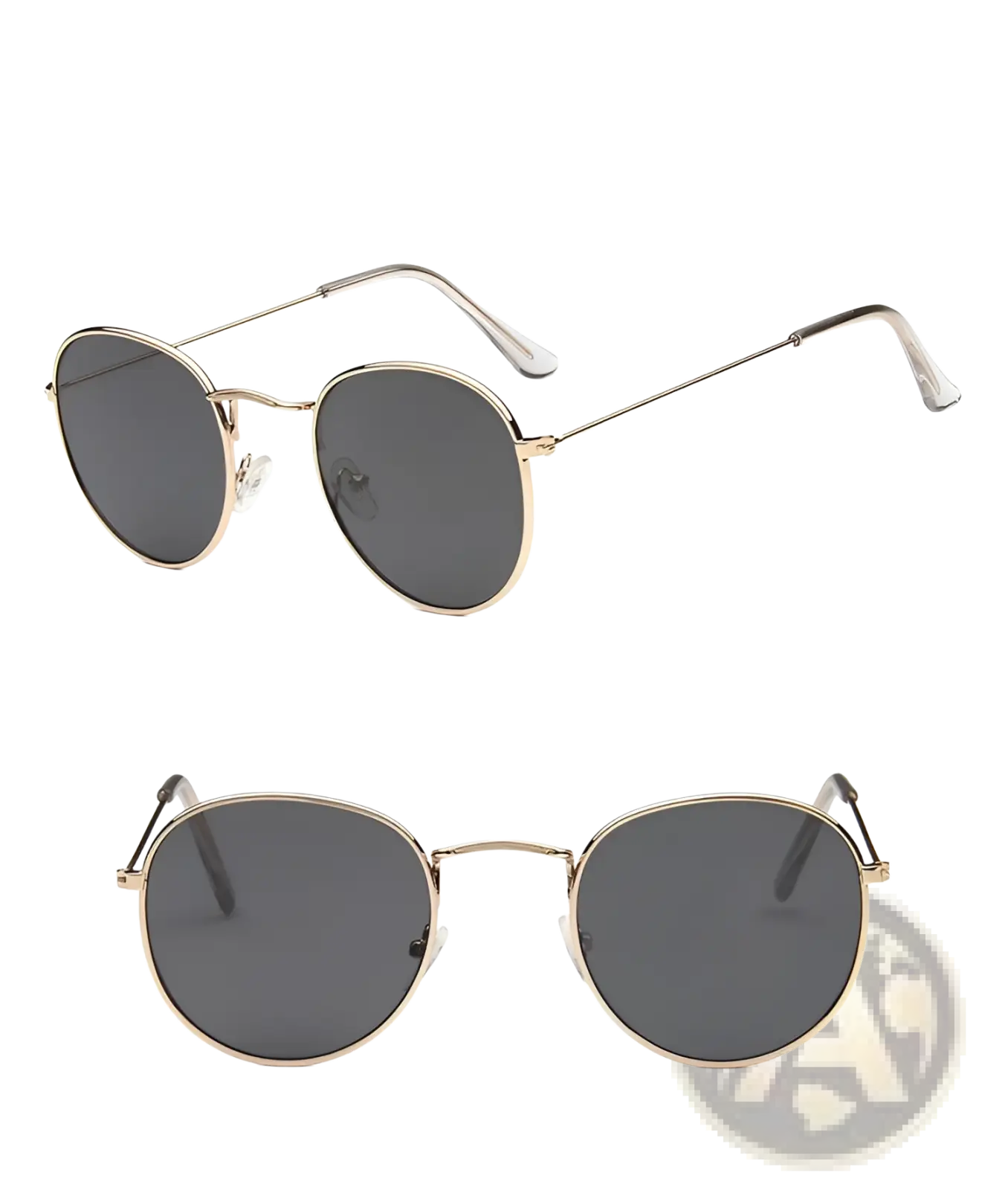 Gold-toned vintage round metallic sunglasses with dark gray lenses featuring a mirror finish
