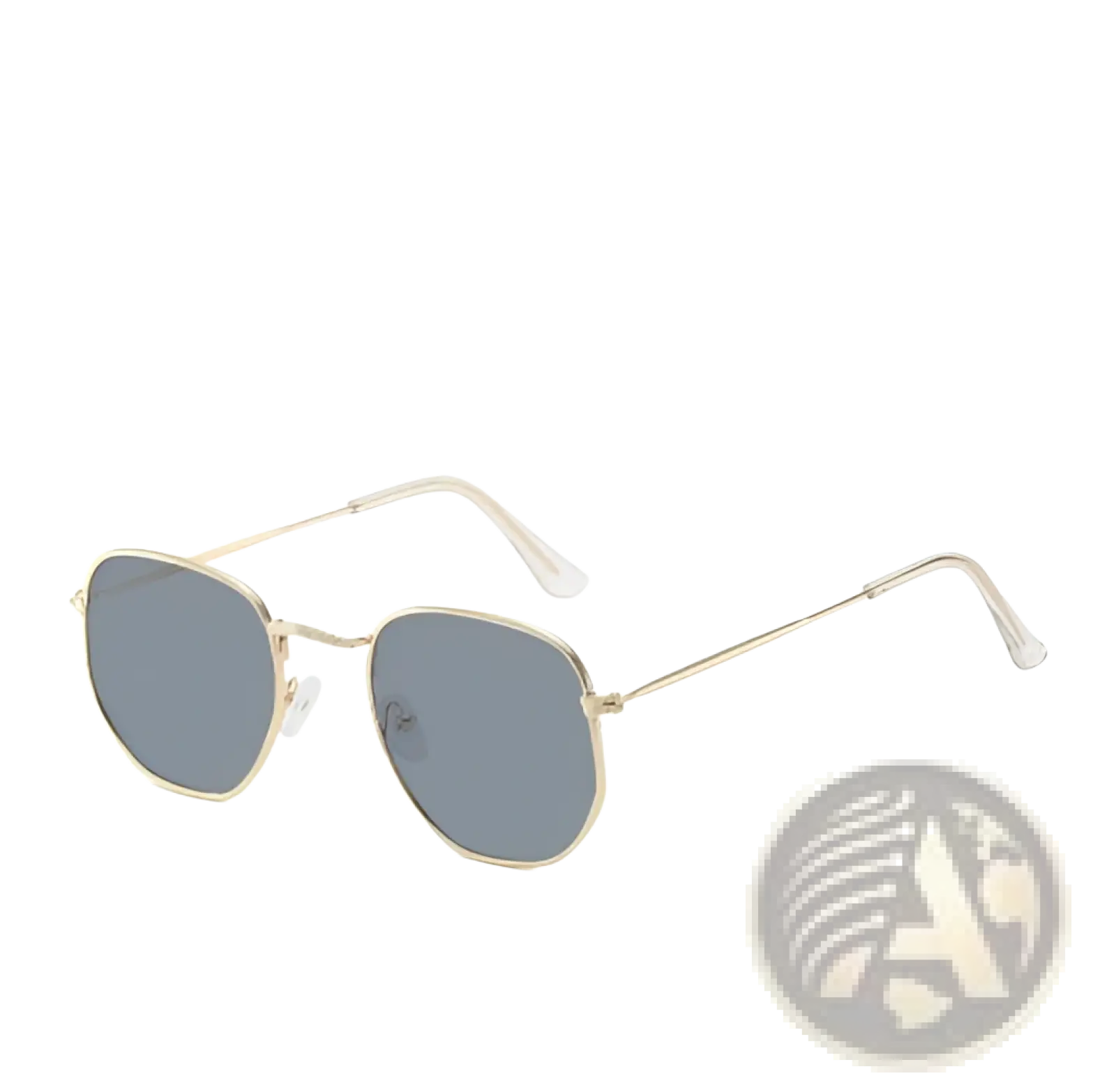 Vintage round metallic mirror lens sunglasses with gold-toned metal frame and hexagonal gray tinted lenses