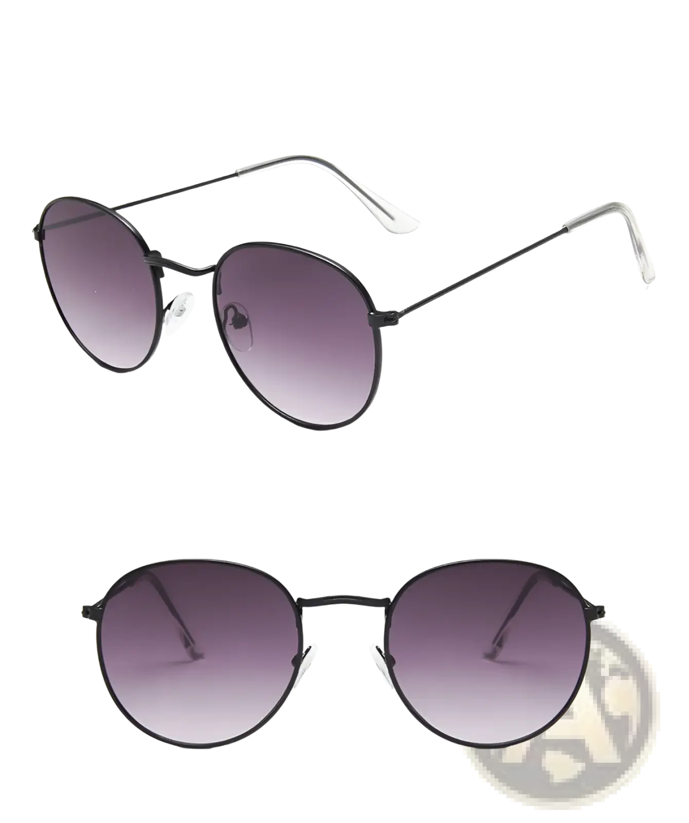 Black round-framed vintage metallic mirror lens sunglasses with gradient purple lenses for stylish sun protection