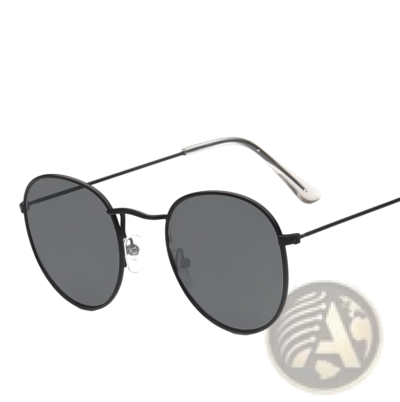 Vintage round metallic mirror lens sunglasses featuring black round frames dark gray lenses and metallic temple tips