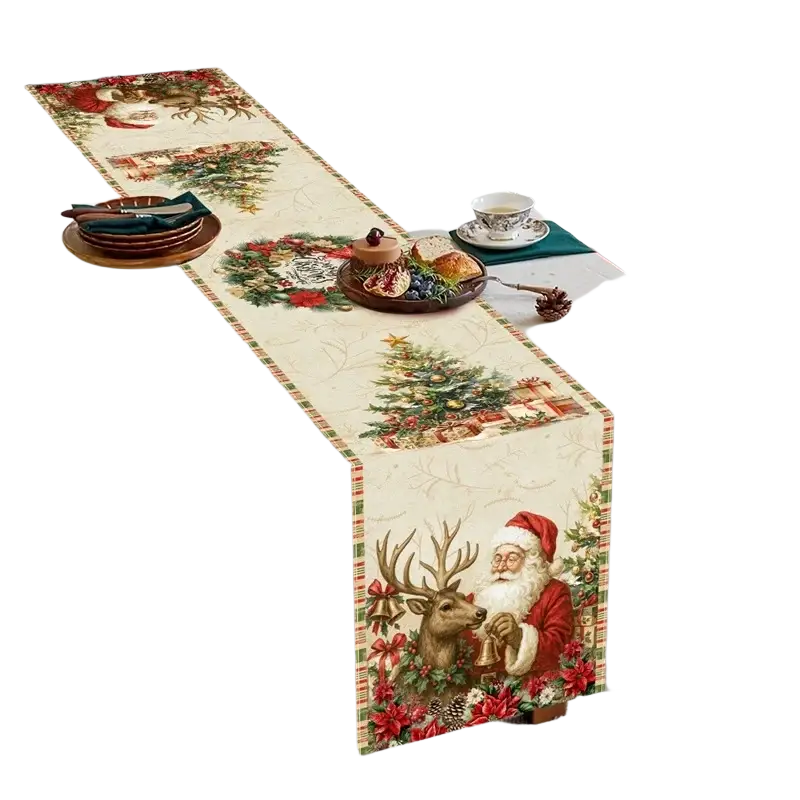 Vintage santa table runner with red and green holiday motifs on off-white fabric in rustic farmhouse style