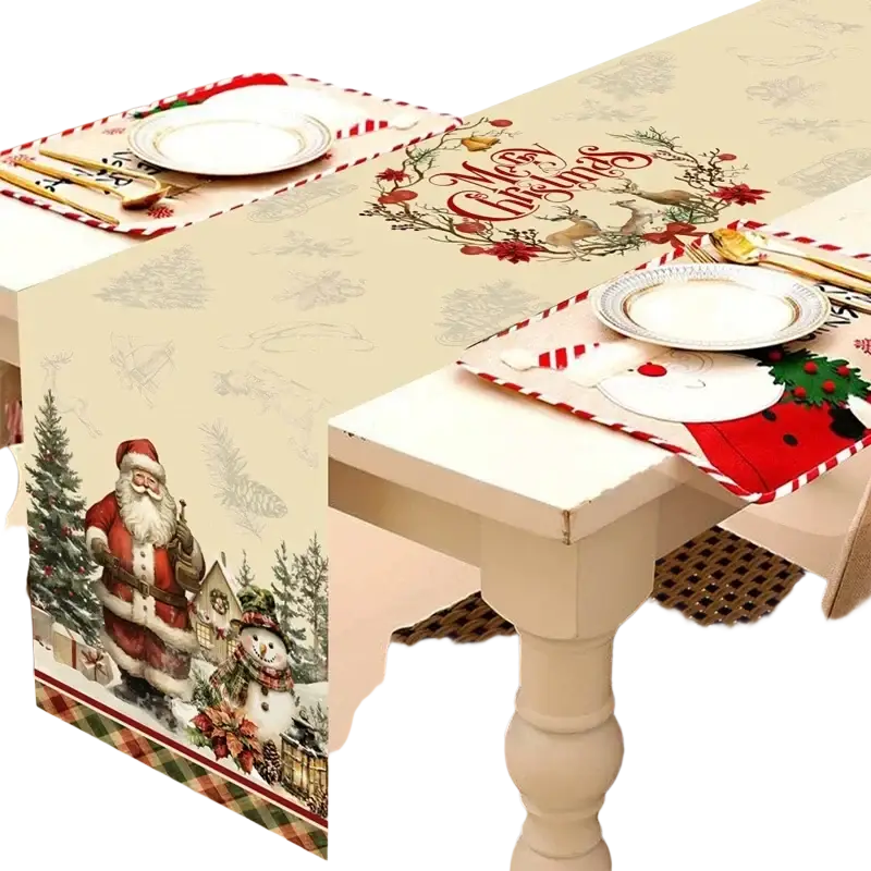 Vintage santa table runner with beige background and red green accents featuring santa claus and snowman rustic farmhouse style