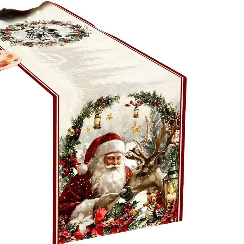 Festive red and white vintage santa table runner with rustic farmhouse style featuring santa and reindeer design