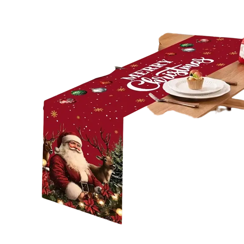Red christmas-themed table runner with santa and reindeer print in rustic farmhouse style for festive decor