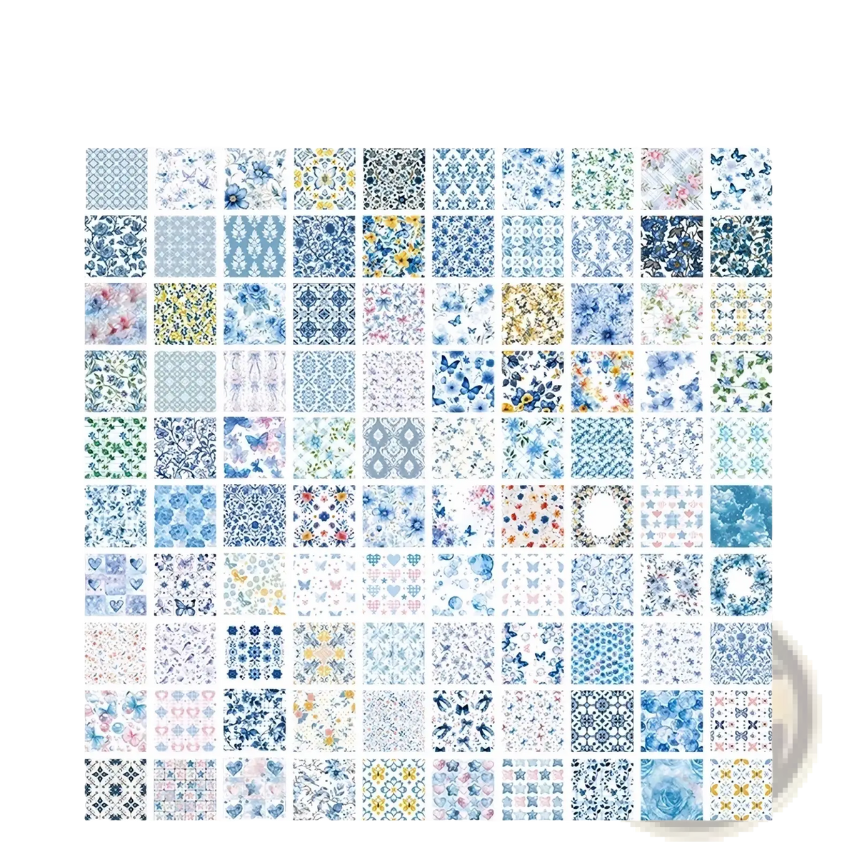 A collection of 100 delicate watercolor floral and butterfly patterned stickers in soft blues pinks yellows for vintage scrapbooking