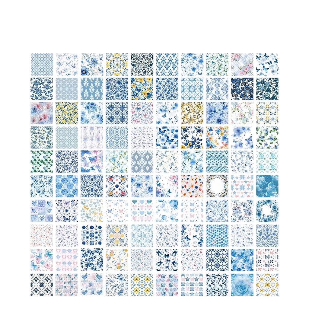 A collection of 100 delicate watercolor floral and butterfly patterned stickers in soft blues pinks yellows for vintage scrapbooking