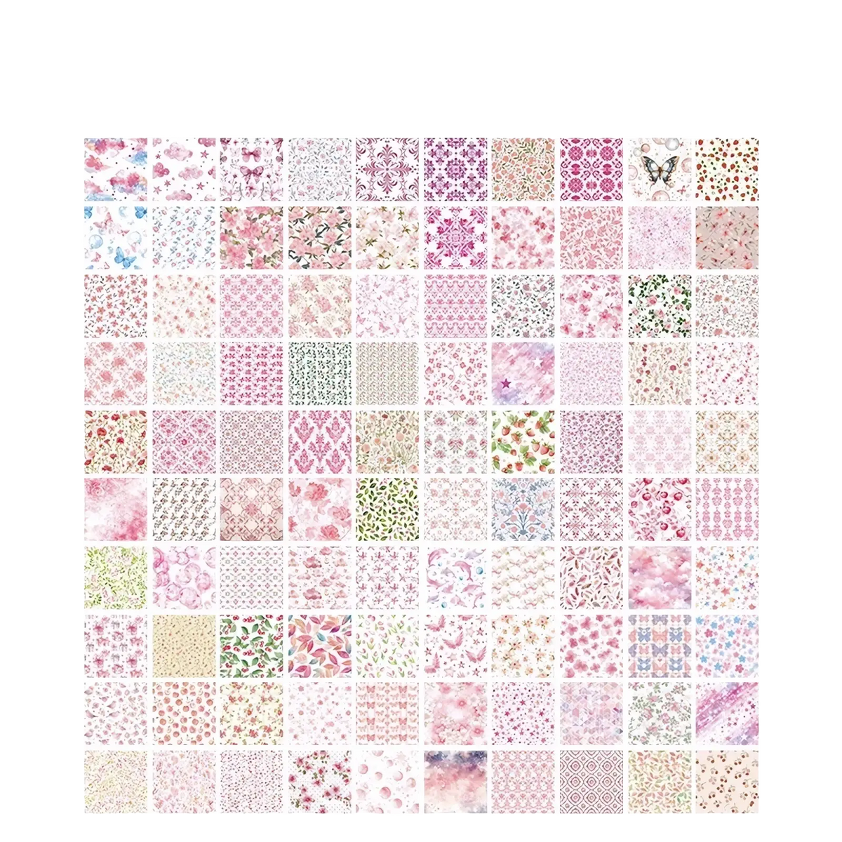 A collection of 100 delicate pastel paper stickers with floral and damask patterns for vintage scrapbooking and journaling supplies